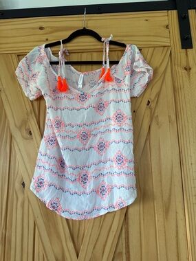 Xhilaration White Embroidered Off-Shoulder Top with Neon Orange Tassels